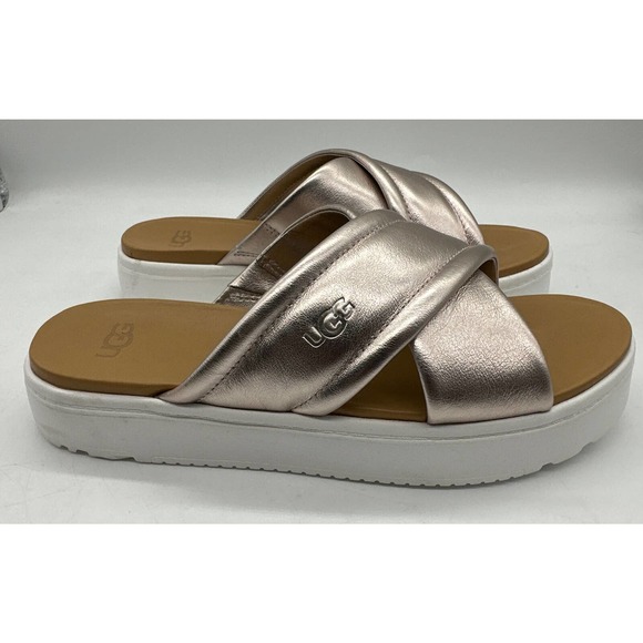 UGG ZAYNE CROSSBAND PLATFORM SLIDE Women Size 9 US Leather ROSE GOLD METALLIC - Picture 1 of 5